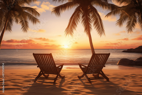 Transat sur une plage paradisiaque avec un coucher de soleil, face à la mer, l'océan. Repos, calme, détente. Soleil, vacances, voyage, été. Palmier. Pour conception et création graphique.  © FlyStun