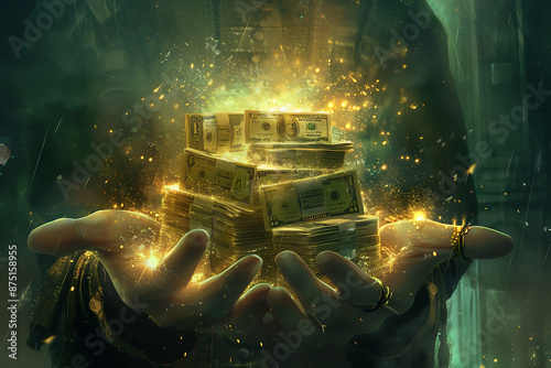 Manifesting Abundance: Person Embracing Wealth with Ethereal Light Effects