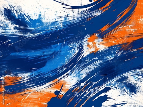 Abstract background with blue and orange brush strokes, grunge texture, and paint splashes, ideal for banners.