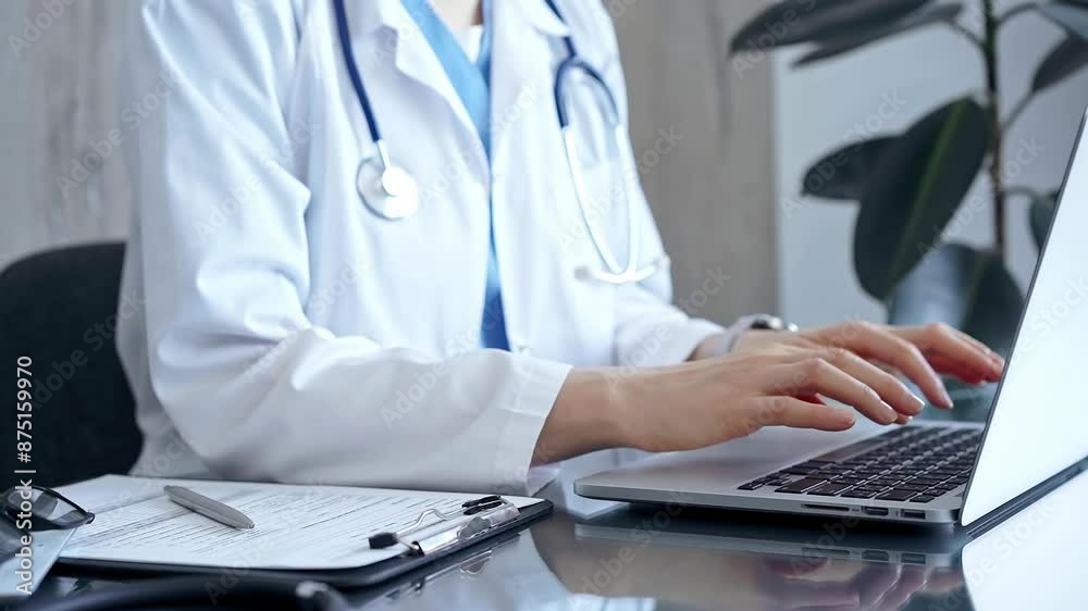 Doctor is using laptop computer in clinic office while sitting at the glass desk. Medicine concept Doctor is using laptop computer in clinic office while sitting at the glass desk. Medicine concept