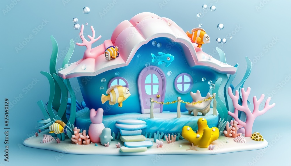 3D Underwater Miniature Toy House with Colorful Fish and Coral, Oceanic Illustration 3D Underwater Miniature Toy House with Colorful Fish and Coral, Oceanic Illustration