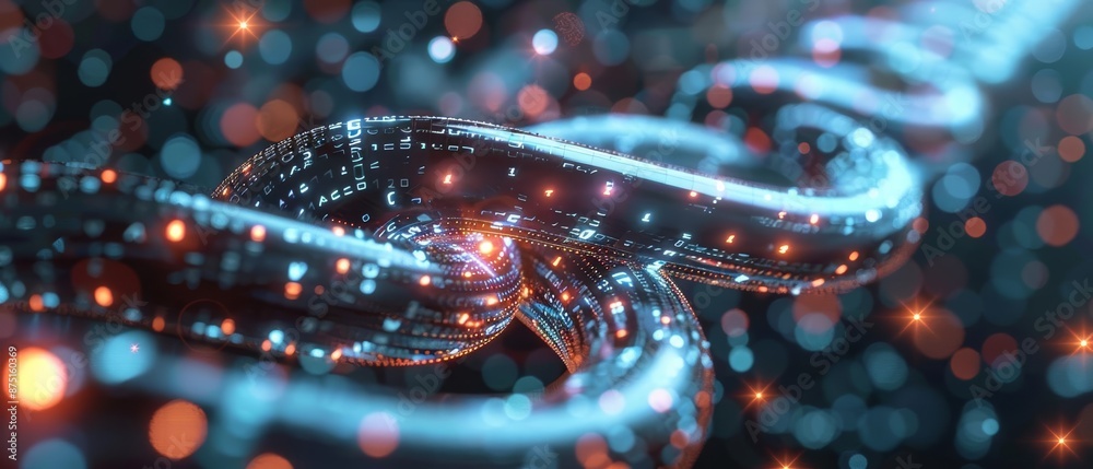 Abstract glowing chain with particles in a blue and orange background. Abstract glowing chain with particles in a blue and orange background.