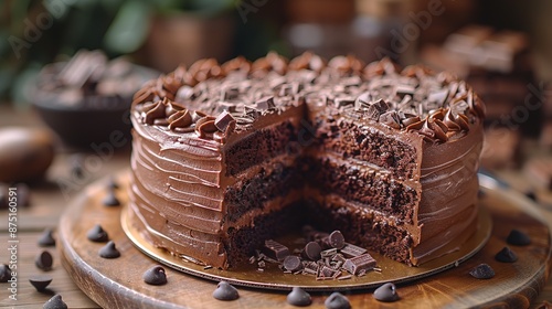 Luxurious chocolate cake with rich frosting and decorative chocolate shavings, perfect for celebrating World Chocolate Day.Chocolate day, dessert, birthday, promotion, HD wallpaper © Chen