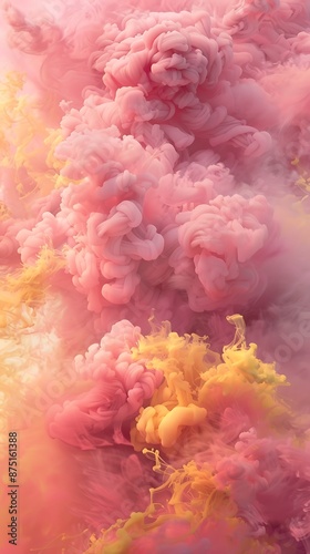 Billowing and swirling pink and yellow smoke clouds create an intricate, dusty abstract pattern..