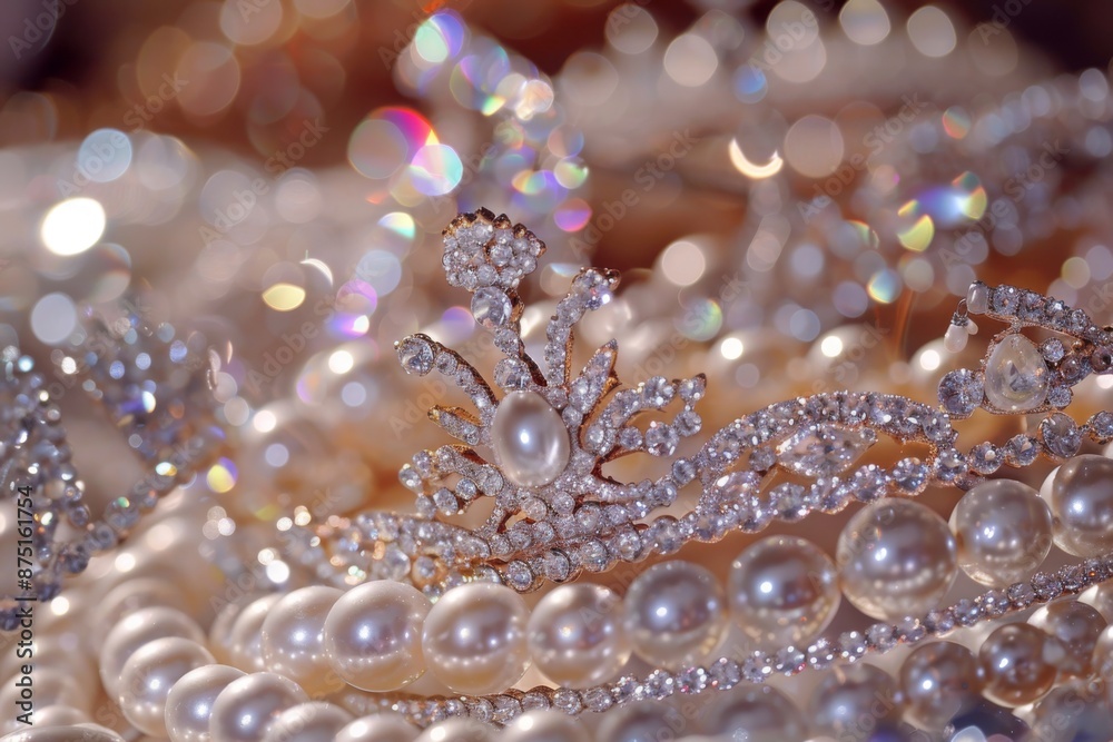 A close-up of sparkling tiaras and delicate pearl necklaces, capturing the elegance of New Year's Eve celebrations around the world. A close-up of sparkling tiaras and delicate pearl necklaces, capturing the elegance of New Year's Eve celebrations around the world.