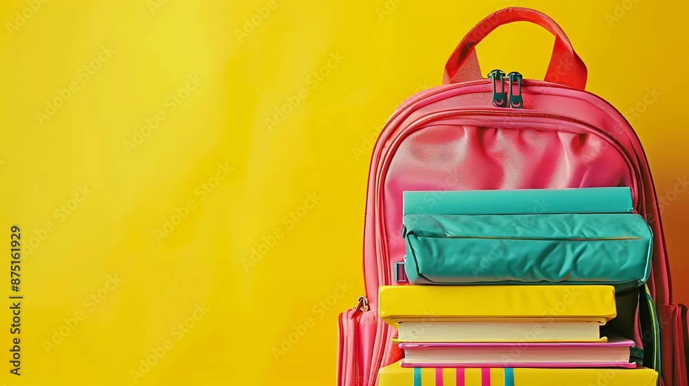 Detailed school backpack and books in bright colors, yellow background, back to school concept. Detailed school backpack and books in bright colors, yellow background, back to school concept.