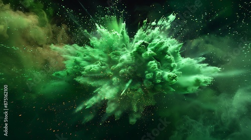 Collision of green fire particles and dust results in an explosive, swirling burst of fine powder on a dark, smoky background..