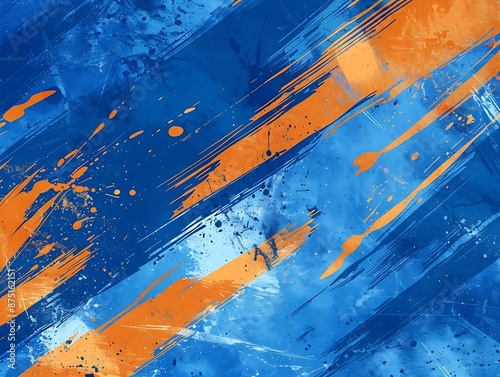 Abstract background with blue and orange brush strokes, grunge texture, and paint splashes, ideal for banners.