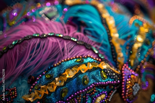 Intricate beadwork and feathered accessories capture the essence of New Orleans' Mardi Gras spirit. Colors and textures evoke the city's vibrant energy.