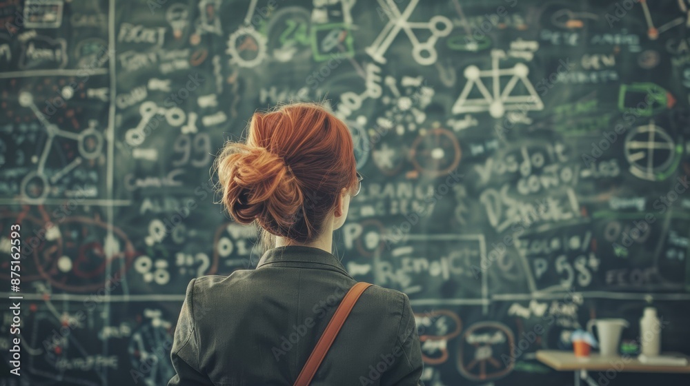 Woman Analyzing Complex Equations on Chalkboard
Woman Analyzing Complex Equations on Chalkboard
