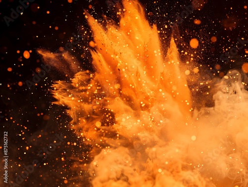 Impact of orange fire particles with dust produces a breathtaking swirl of powder on a dark, smoky background..