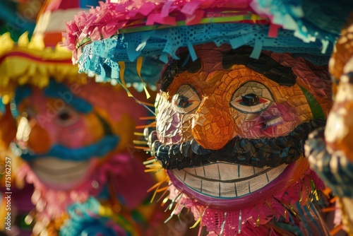 Colorful piñatas adorned with festive decorations and candies, ready to be broken open during Las Posadas festivities in Mexico. The piñatas are filled with treats and surprises for the celebrants.