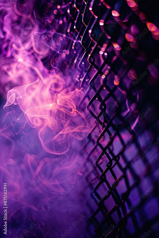 Foggy Chain-Link Fence with Vibrant particles on a dark background