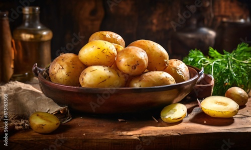 Rustic unpeeled potatoes on a desks