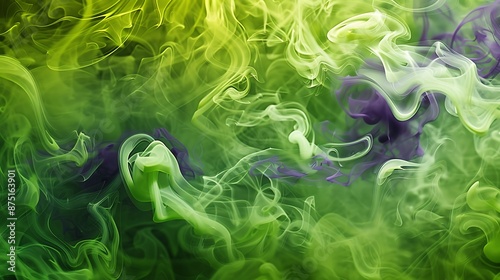 Intricate abstract scene created by swirling wisps of green and violet smoke with a dusty feel..