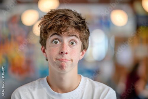 A wide-eyed young person poses indoors with a playful and surprised expression, set against a colorful, dynamic background, capturing a moment of light-hearted fun and curiosity. © ChaoticMind