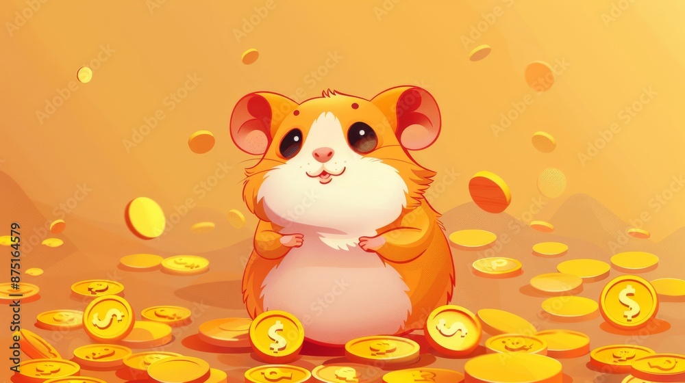 Cartoon Illustration of Hamster with a cheerful expression, Gold Coins. Wealth, Financial Success Cartoon Illustration of Hamster with a cheerful expression, Gold Coins. Wealth, Financial Success