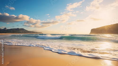 paradise beach during the golden hour, featuring soft white sands, a dreamy and peaceful scene