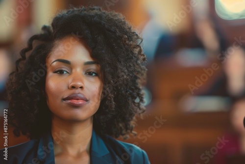 A woman with curly hair stands in a courtroom with a confident and serene demeanor, her expression reflecting determination and readiness to present her case.