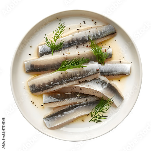 Slices of pickled herring garnished with fresh dill on a white plate, polish cuisine photo