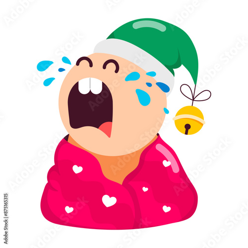A comic style crying cartoon wearing santa hat 

