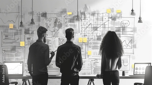 Black and white storyboard sketch of three people standing in front of a big board with lots of doodles and drawings on the wall generated AI