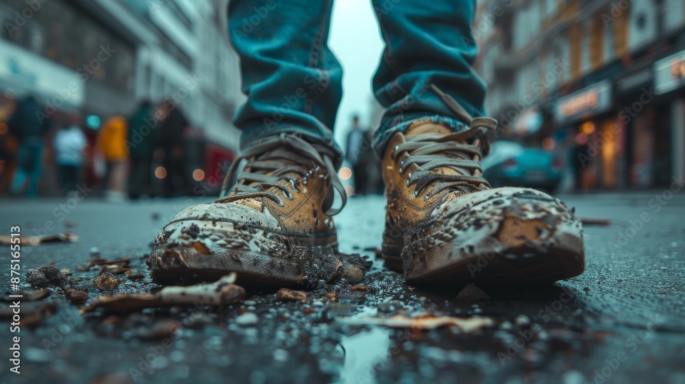 The image showcases a pair of well-worn sneakers and faded jeans, set against the backdrop of a rain-soaked city, encapsulating the urban grit in a melancholic light. The image showcases a pair of well-worn sneakers and faded jeans, set against the backdrop of a rain-soaked city, encapsulating the urban grit in a melancholic light.