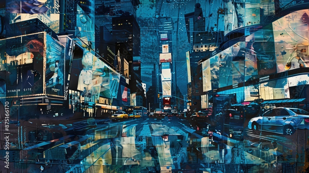 Artistic representation of New York City's Times Square at night using torn paper collage style, created using layers and layers of roughly cut square papers in shades of blue generated AI Artistic representation of New York City's Times Square at night using torn paper collage style, created using layers and layers of roughly cut square papers in shades of blue generated AI