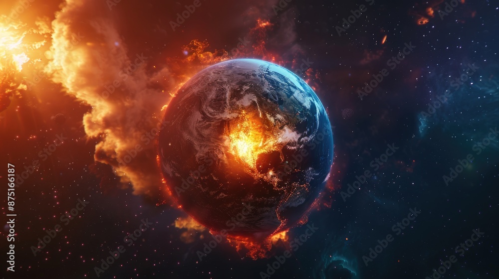 A dramatic depiction of Earth being consumed by fiery explosions in space, symbolizing a catastrophic end or an impactful environmental message. A dramatic depiction of Earth being consumed by fiery explosions in space, symbolizing a catastrophic end or an impactful environmental message.