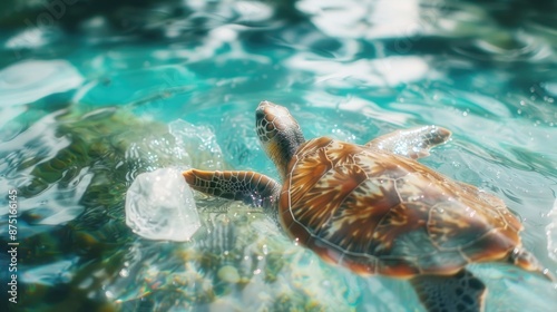 Plastic pollution in ocean environmental problem. Turtles can eat plastic bags mistaking them for jellyfish photography  photo