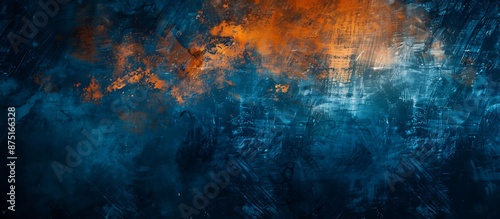 Abstract art with blue and orange colors, featuring grunge texture and brush strokes on a dark background.