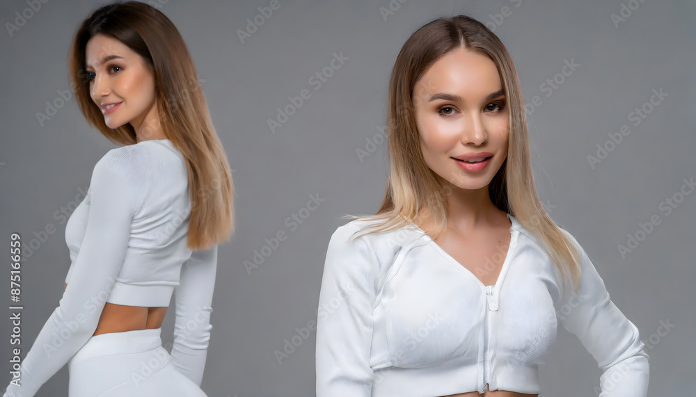 Beautiful sexy blonde woman wear of white set of tracksuit isolated on gray background. Generative AI. Beautiful sexy blonde woman wear of white set of tracksuit isolated on gray background. Generative AI.