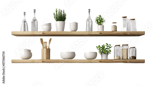 Wall mounted kitchen shelves isolated on transparent background PNG.