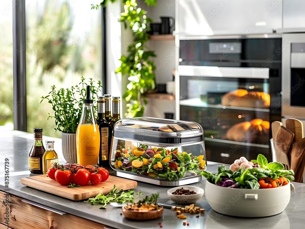 Modern Kitchen Counter with Rotisserie Oven and Gourmet Salad Dressings Modern Kitchen Counter with Rotisserie Oven and Gourmet Salad Dressings
