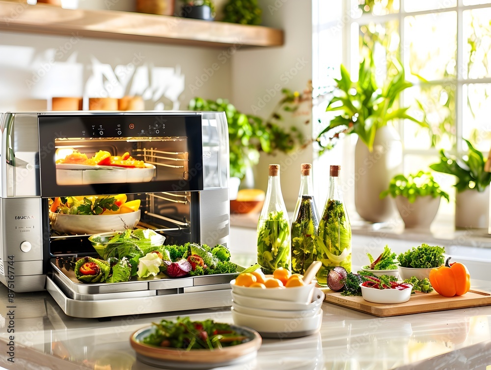 Modern Rotisserie Oven and Gourmet Salad Dressing Bottles on Kitchen Counter Modern Rotisserie Oven and Gourmet Salad Dressing Bottles on Kitchen Counter