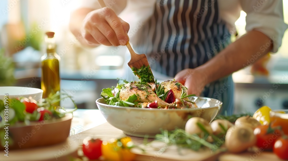 Professional Chef Preparing Flavorful Rotisserie Chicken with Herb-Infused Salad Dressing Professional Chef Preparing Flavorful Rotisserie Chicken with Herb-Infused Salad Dressing