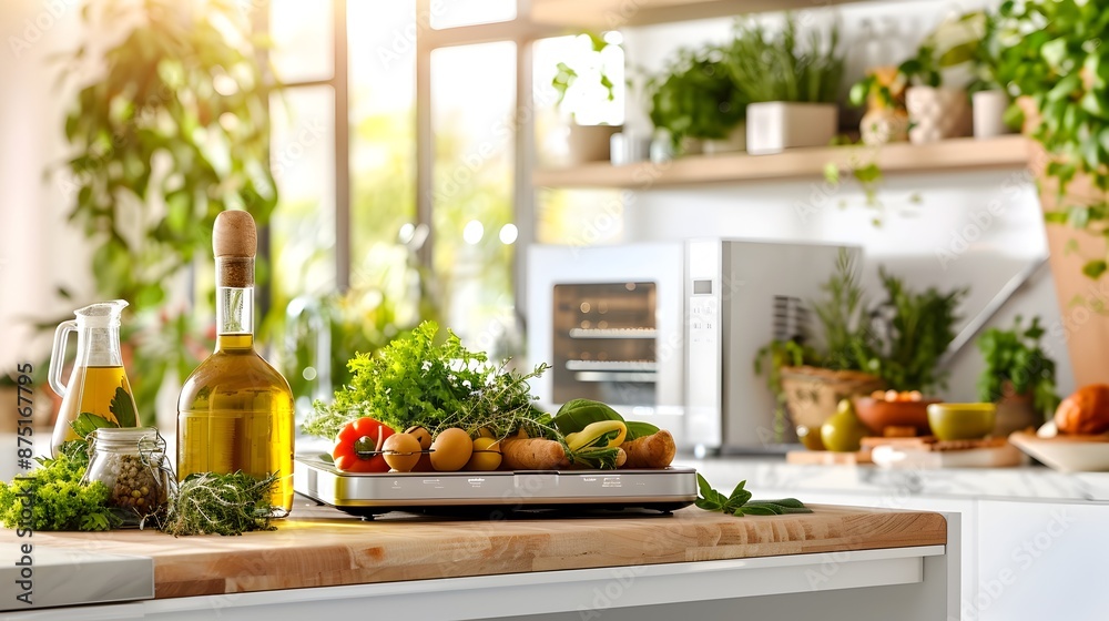 Countertop Oven with Olive Oil and Fresh Herbs on Display in Bright Kitchen Interior Countertop Oven with Olive Oil and Fresh Herbs on Display in Bright Kitchen Interior