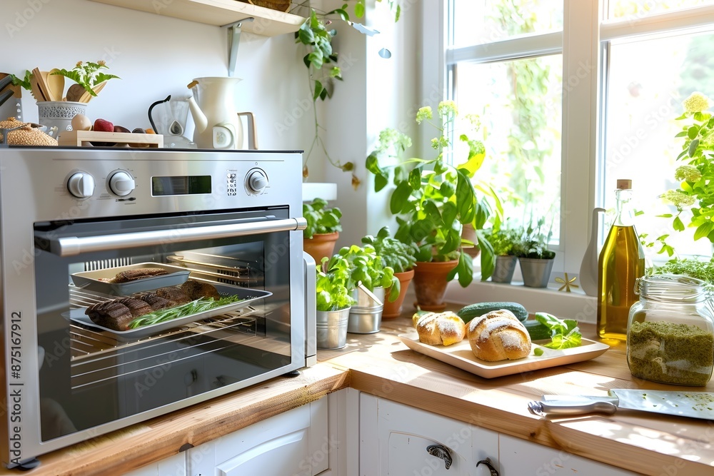 Cozy Kitchen Countertop with Convection Oven and Olive Oil for Baking Culinary Delights