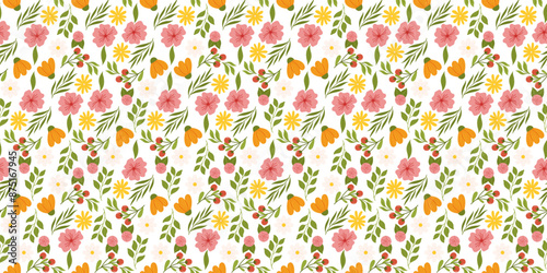 Seamless layout displaying floral elements. Botanical-inspired recurring fabric or wallpaper pattern with yellow and orange flowers, red berries, leaves, and cherry blossom.