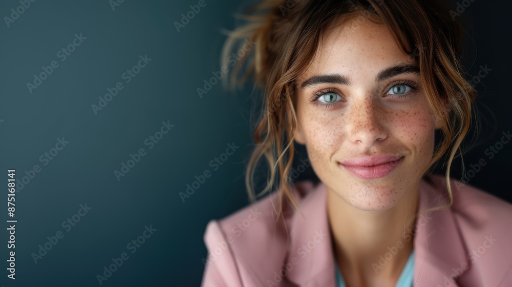Smiling woman with blue eyes and freckles, wearing a pink jacket, captured in a close-up shot that highlights her natural beauty against a dark, blurred background. Smiling woman with blue eyes and freckles, wearing a pink jacket, captured in a close-up shot that highlights her natural beauty against a dark, blurred background.
