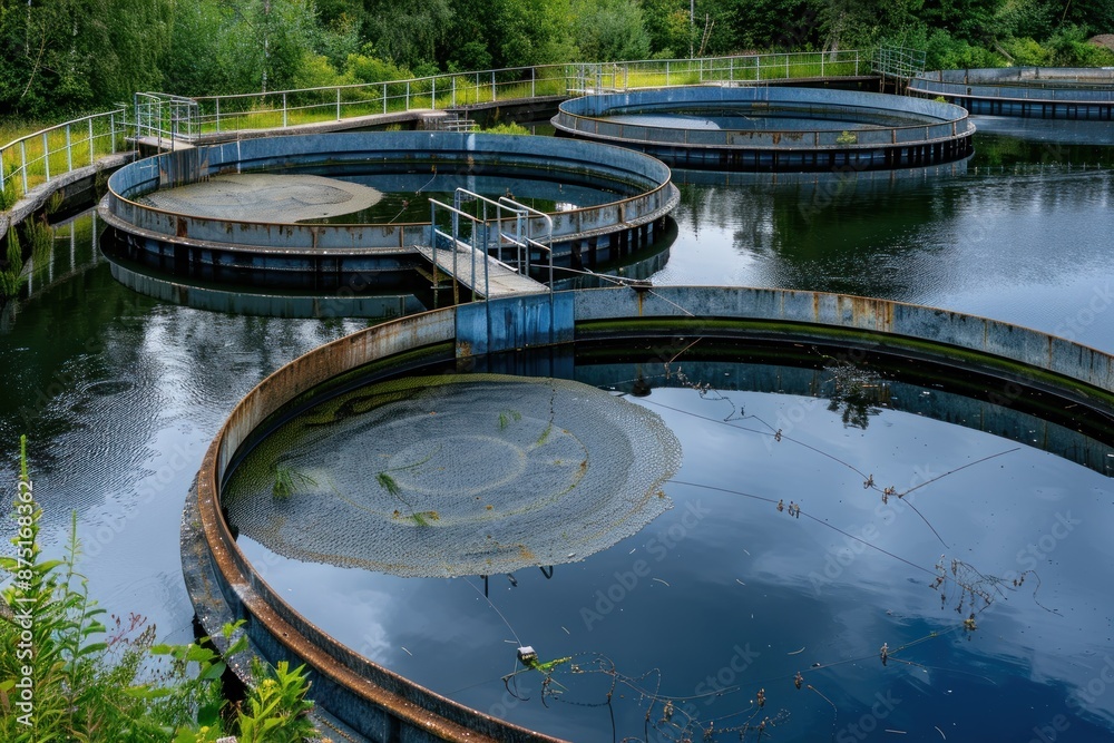 round sedimentation tanks in a wastewater treatment plant, showcasing the industrial water purification processes
