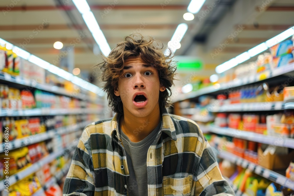 Shocked young man with messy hair pushing a shopping cart in a supermarket aisle Shocked young man with messy hair pushing a shopping cart in a supermarket aisle