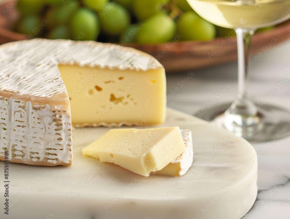A wooden board on a marble surface presents a round piece of cheese with a wedge cut out, accompanied by a glass of red wine A wooden board on a marble surface presents a round piece of cheese with a wedge cut out, accompanied by a glass of red wine