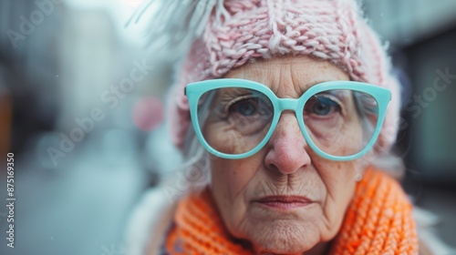 A serious elderly woman outdoors, wearing a pink knitted hat and large blue glasses, wrapped in an orange scarf on a cold day, expressing resilience and determination.