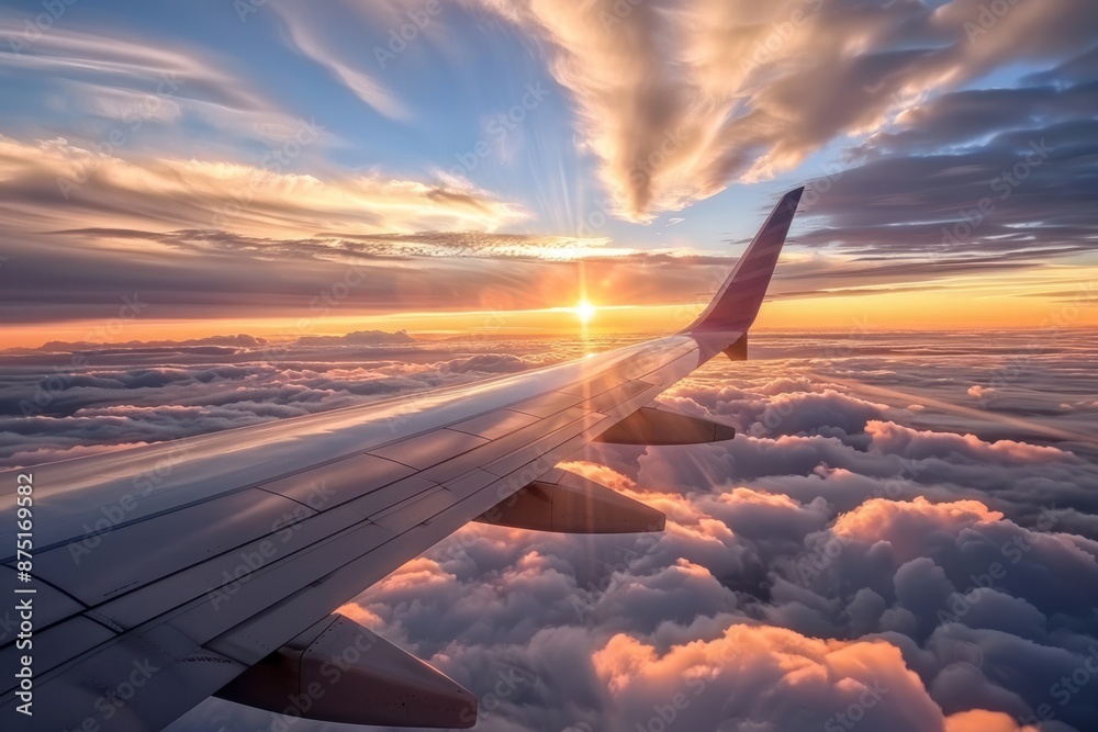 Spectacular sunset view over the clouds, seen from the airplane wing during flight Spectacular sunset view over the clouds, seen from the airplane wing during flight