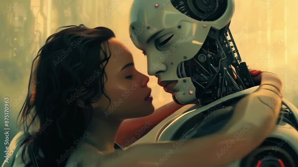 Woman embracing a robot in an emotional moment Woman embracing a robot in an emotional moment
