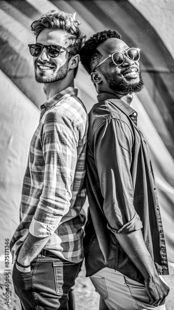 Naklejka premium Black and White Close Up Photo of Joyful, Happy, Interracial Couple Enjoying Sunshine, LGBT, Pride Concept