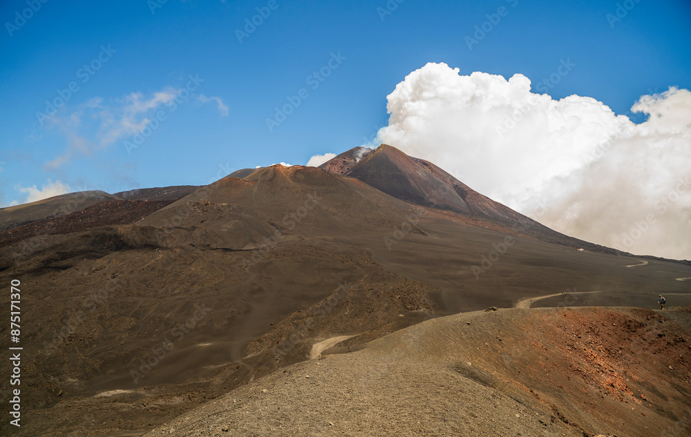 Mount Etna, Sicily - Tallest active volcano of Europe 3329 m in Italy. Panoramic wide view of the active volcano Etna, extinct craters on the slope, traces of volcanic activity.