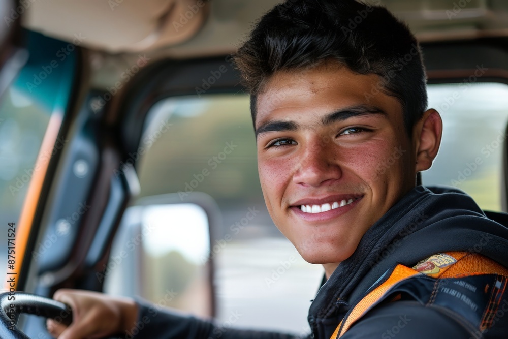 A cheerful young man smiles warmly while driving a work truck, conveying a sense of happiness and satisfaction with his job, in an environment that suggests movement and activity. A cheerful young man smiles warmly while driving a work truck, conveying a sense of happiness and satisfaction with his job, in an environment that suggests movement and activity.