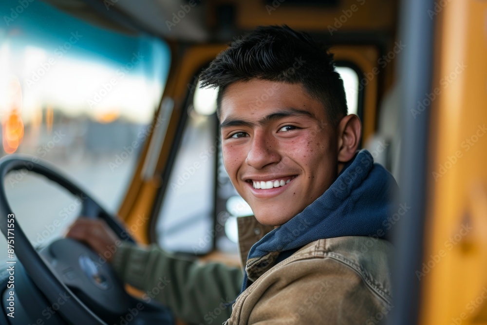 Joyful young worker in the driver’s cabin of a vehicle, with a warm smile suggesting job satisfaction and pride, against a background that indicates a busy workday. Joyful young worker in the driver’s cabin of a vehicle, with a warm smile suggesting job satisfaction and pride, against a background that indicates a busy workday.